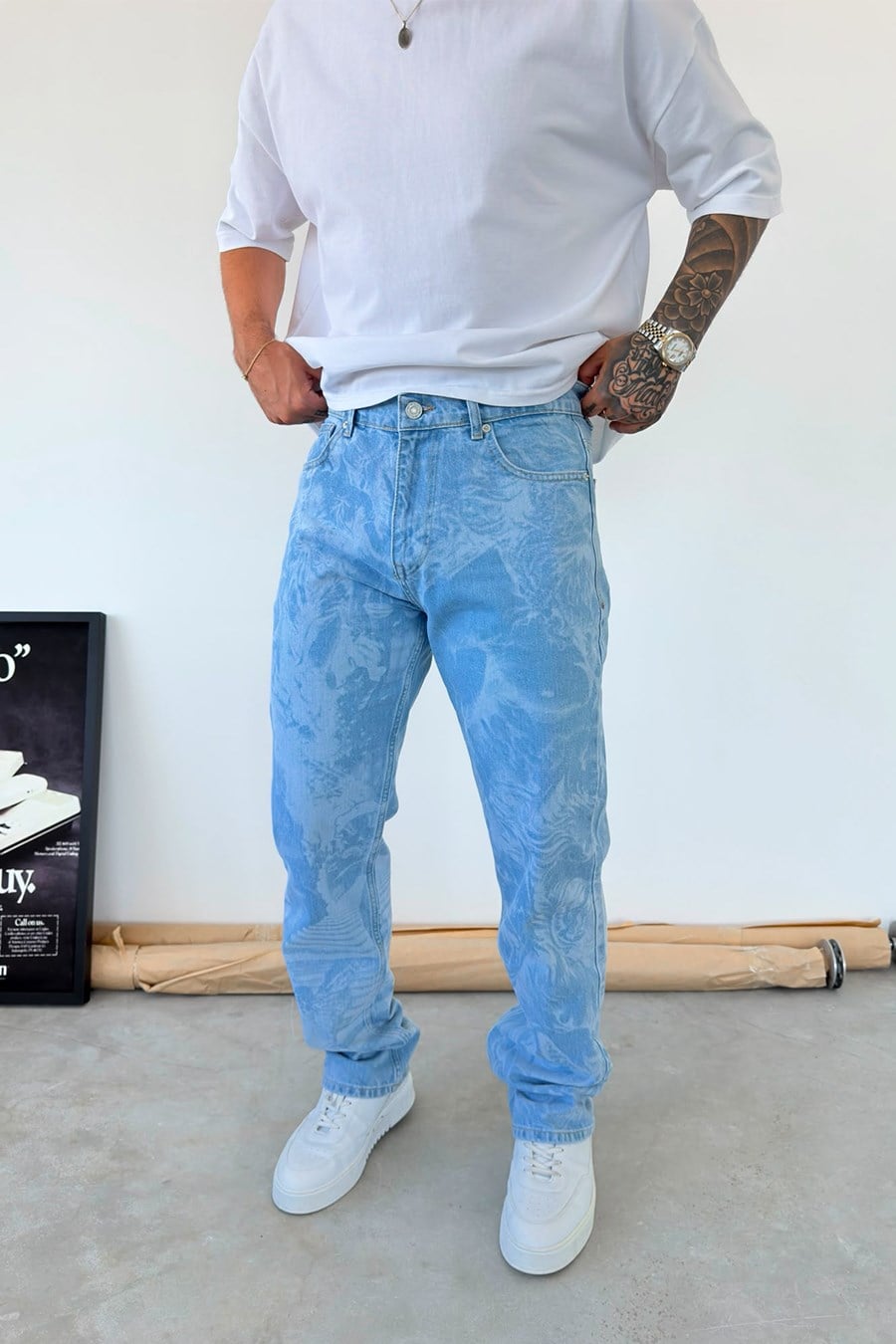 Buz Mavi Premium Baskılı Baggy Pantolon