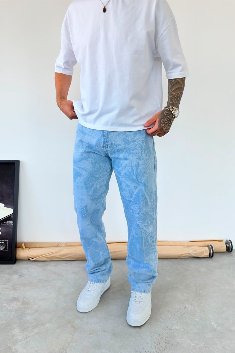 Buz Mavi Premium Lazer Baskılı Baggy Pantolon