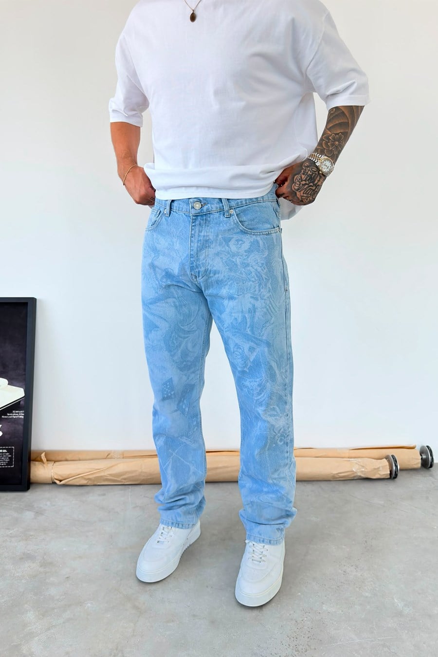 Buz Mavi Premium Lazer Baskılı Baggy Pantolon