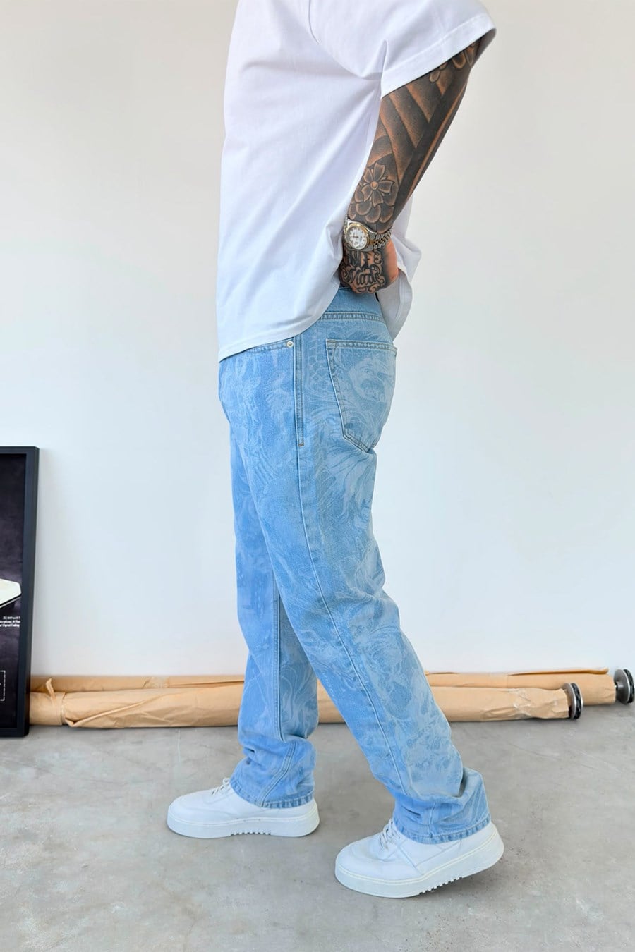 Buz Mavi Premium Lazer Baskılı Baggy Pantolon