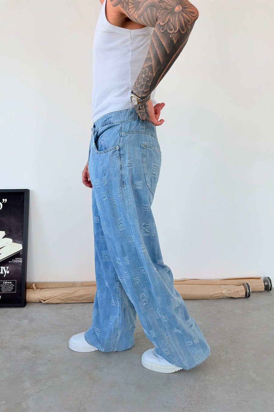 Buz Mavi Rebel Plaid Süper Baggy Fit Pantolon