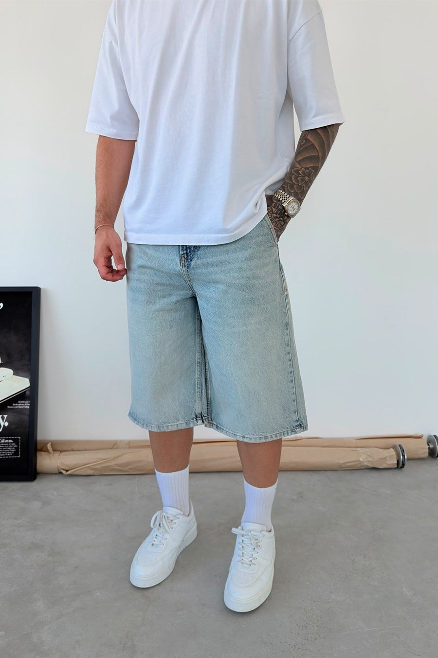 Buz Mavi Skater Fit Yıkamalı Bermuda Kot Şort