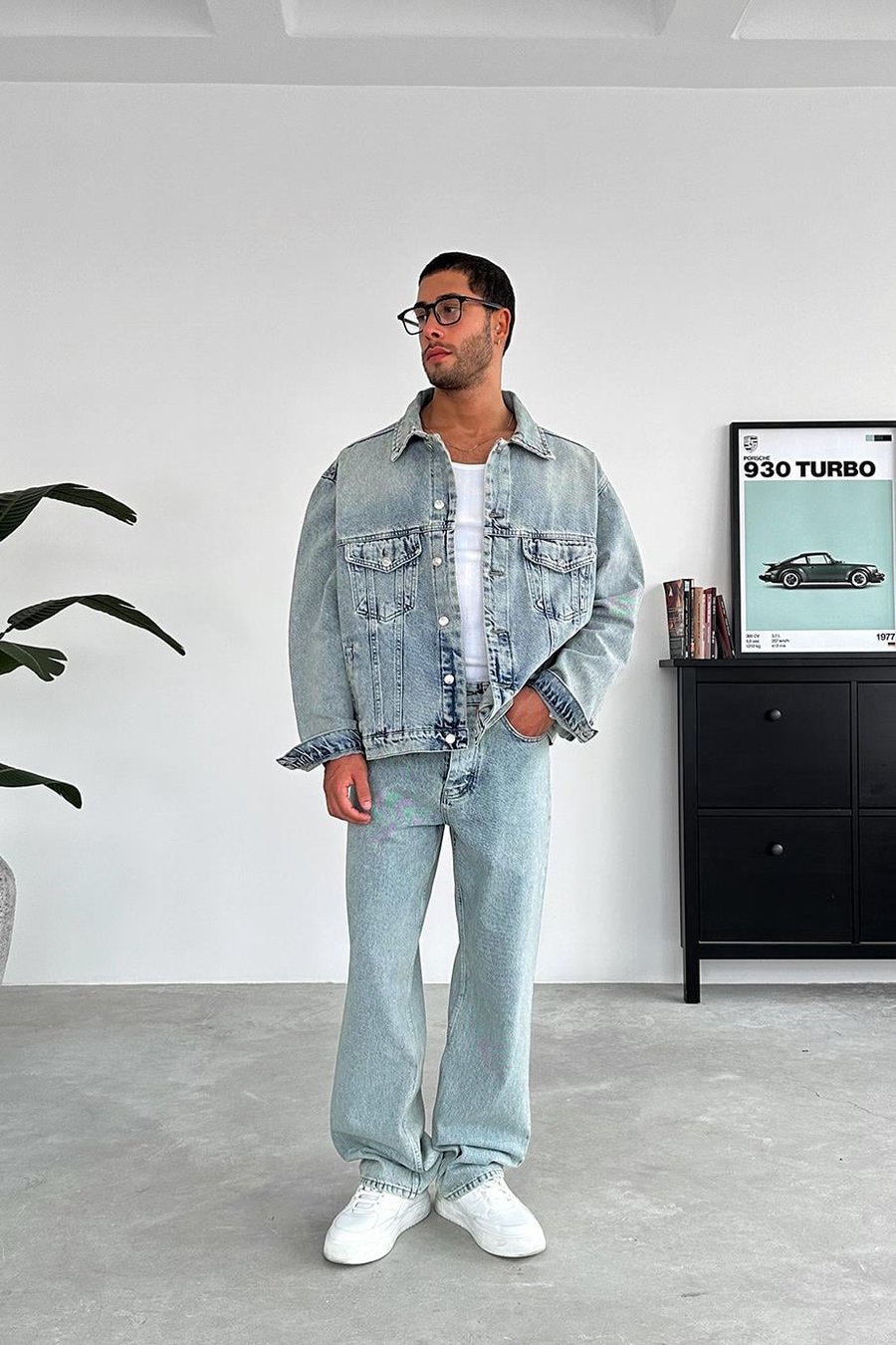 Buz Mavi Tasarım Cepli Oversize Kot Ceket