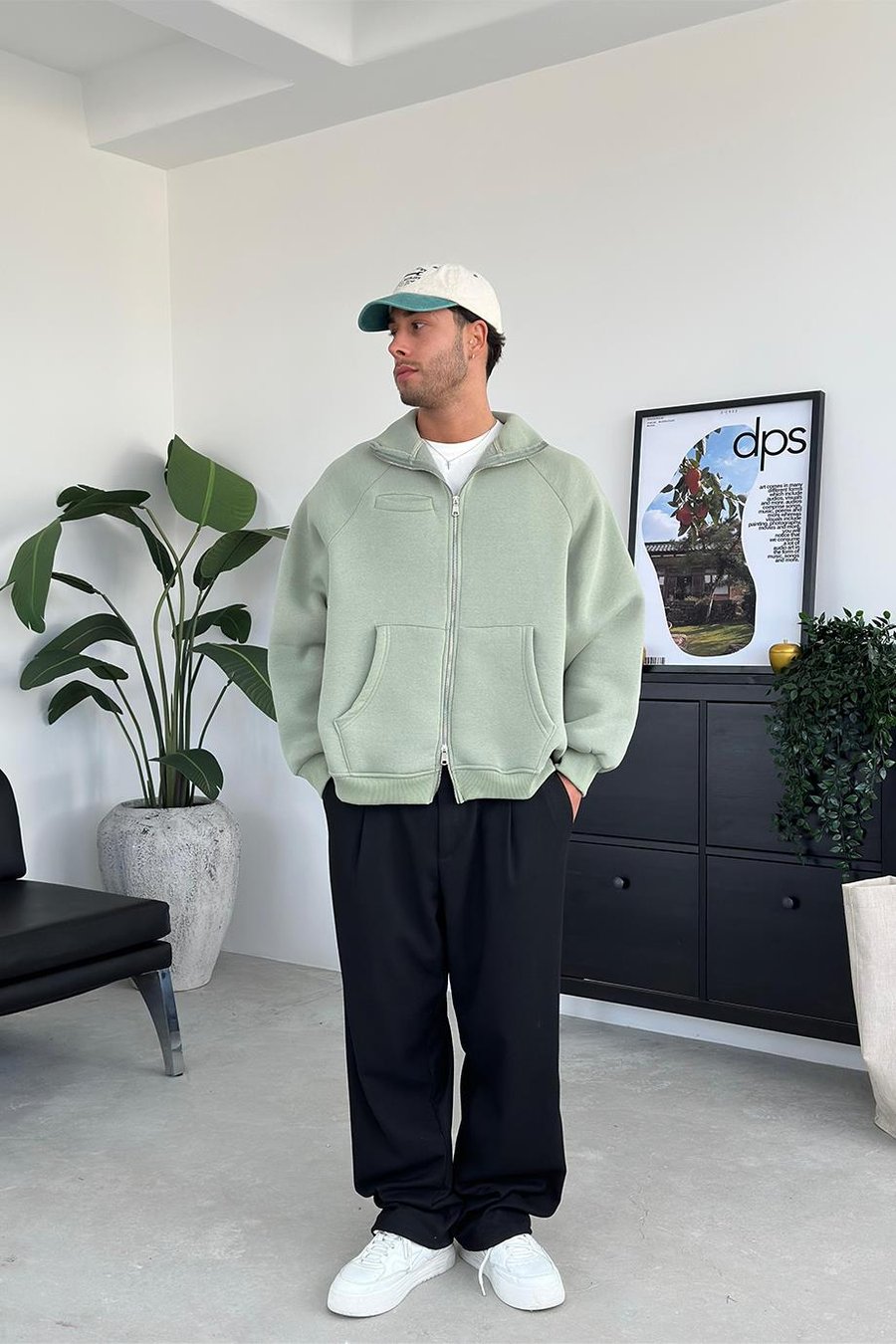 Buz Yeşil Cozy Basic Çift Fermuar Oversize Sweatshirt