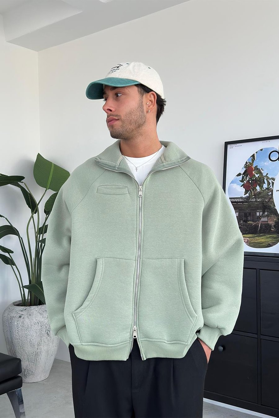 Buz Yeşil Cozy Basic Çift Fermuar Oversize Sweatshirt