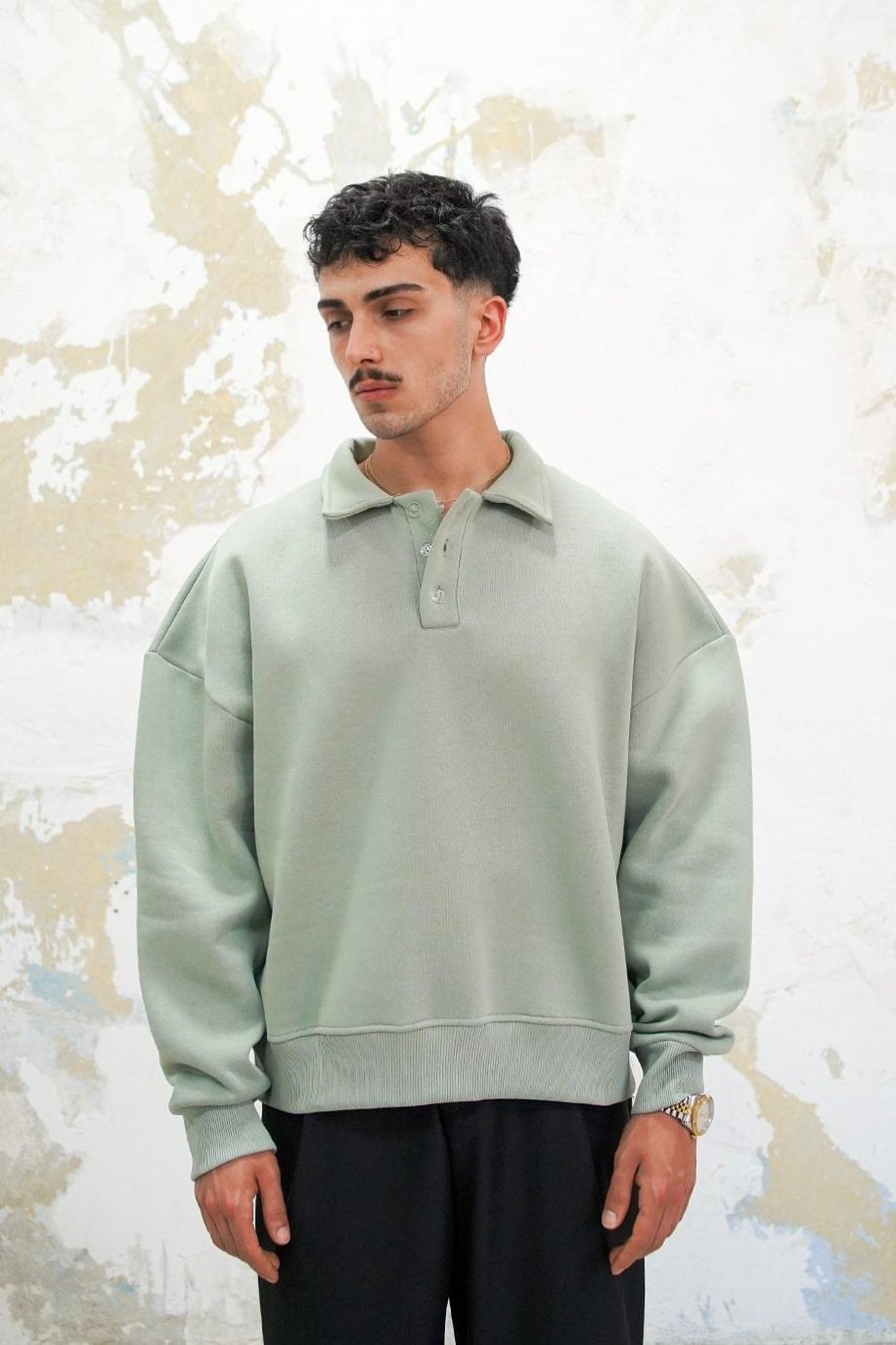 Buz Yeşil Cozy Basic Oversize Polo Yaka Sweatshirt