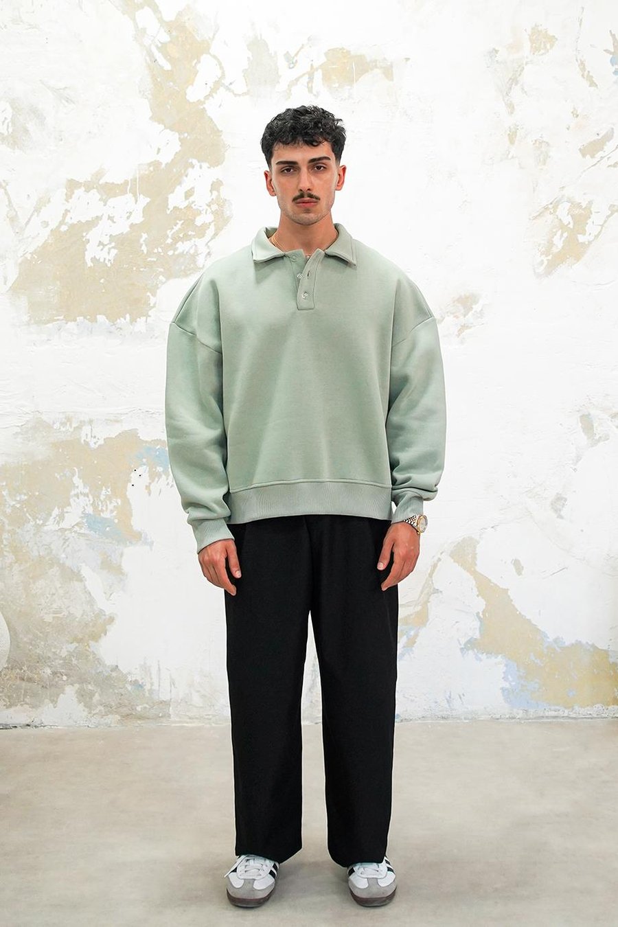 Buz Yeşil Cozy Basic Oversize Polo Yaka Sweatshirt