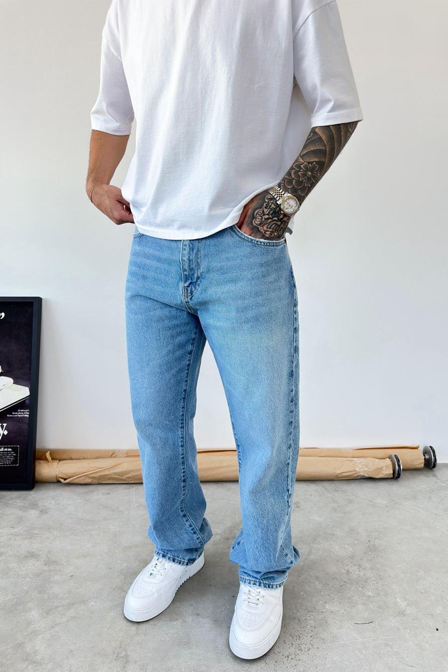 Dokulu Buz Mavi Basic Baggy Pantolon
