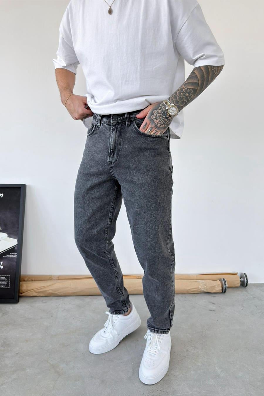 Dokulu Gri Basic Boyfriend Pantolon