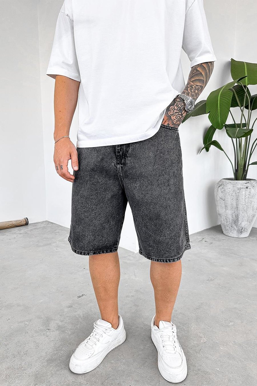 Dokulu Gri Basic Premium Baggy Kot Şort