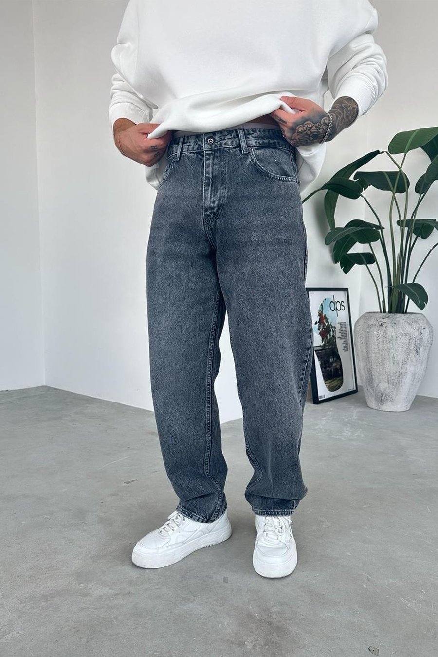 Dokulu Gri Basic Regular Pantolon