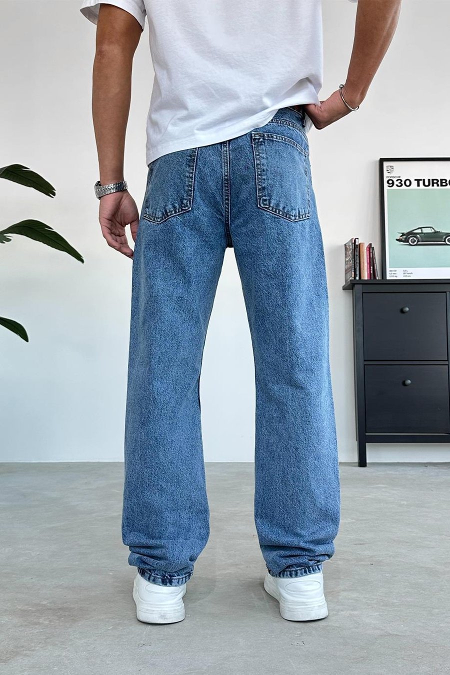 Dokulu Mavi Basic Baggy Pantolon