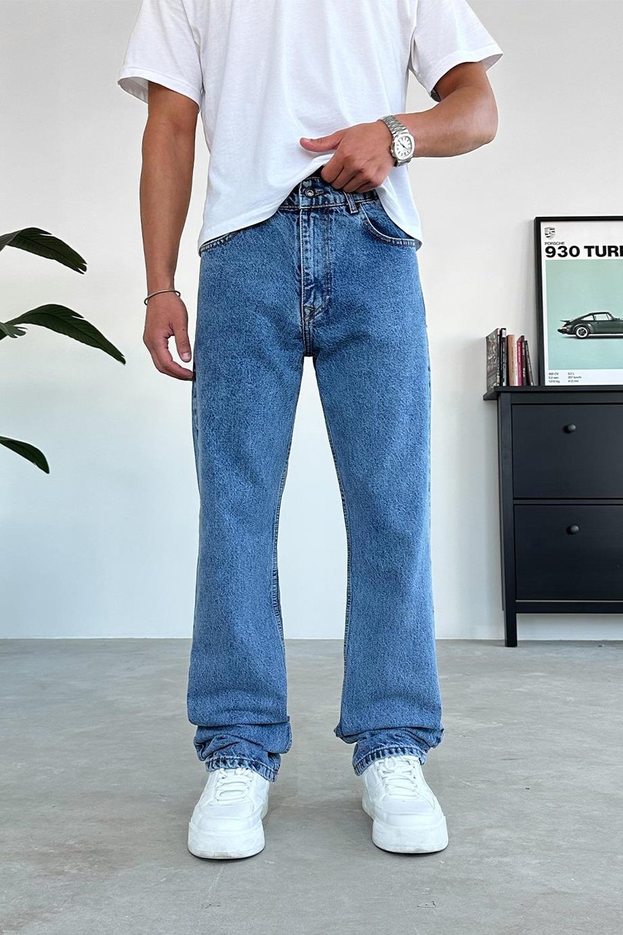Dokulu Mavi Basic Baggy Pantolon