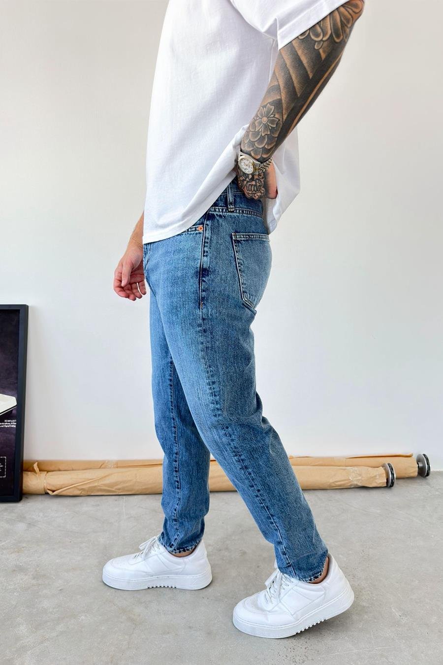 Dokulu Mavi Basic Boyfriend Pantolon