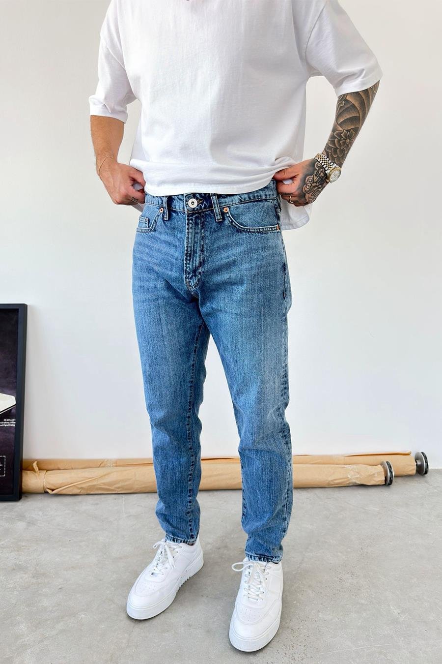 Dokulu Mavi Basic Boyfriend Pantolon