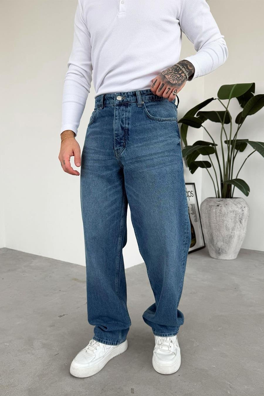 Dokulu Mavi Soft Degrade Basic Regular Pantolon