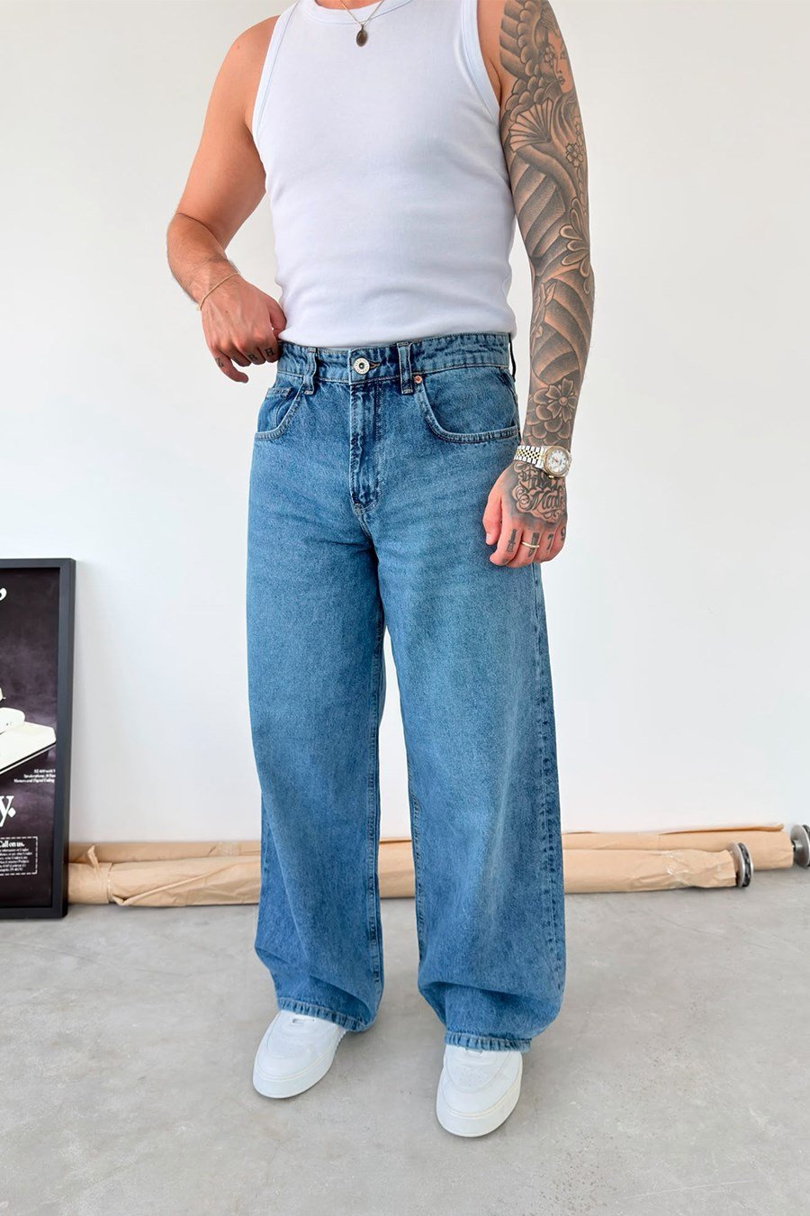 Dokulu Mavi Soft Degrade Süper Baggy Fit Pantolon