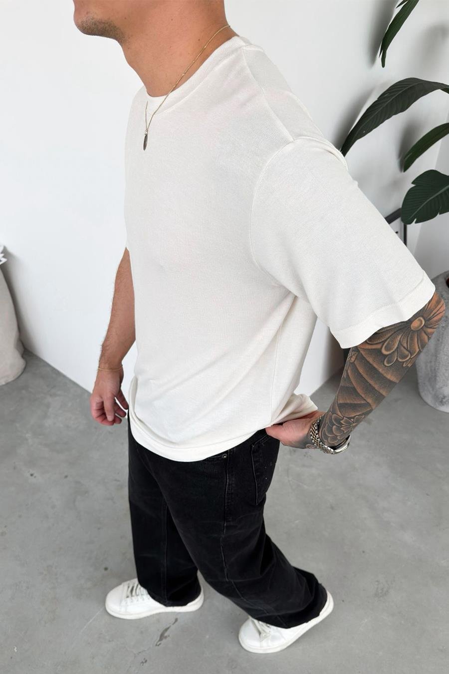 Ekru Basic Soft Likralı Relaxed Triko Tişört