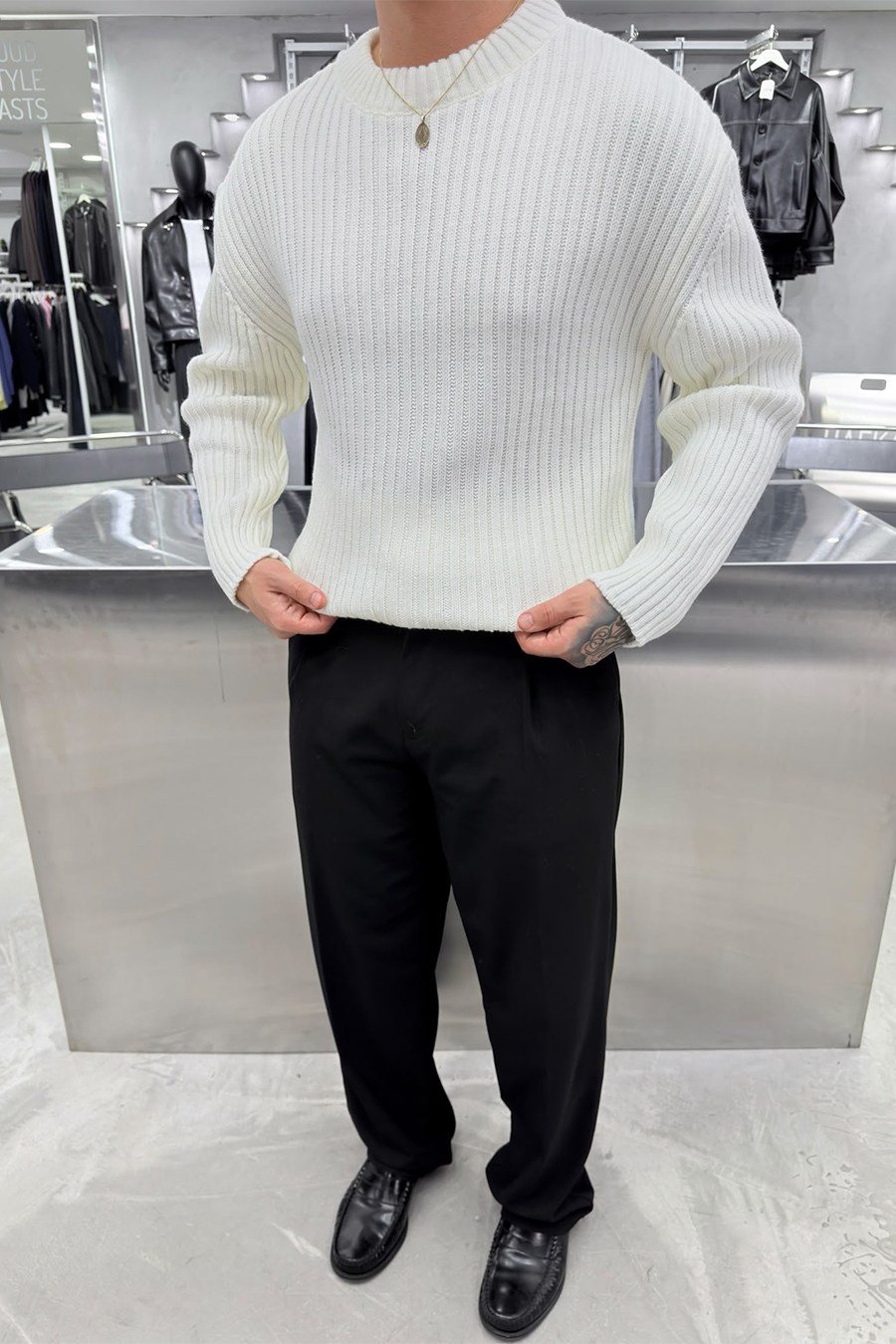 Ekru Bisiklet Yaka Fitilli Oversize Triko Kazak