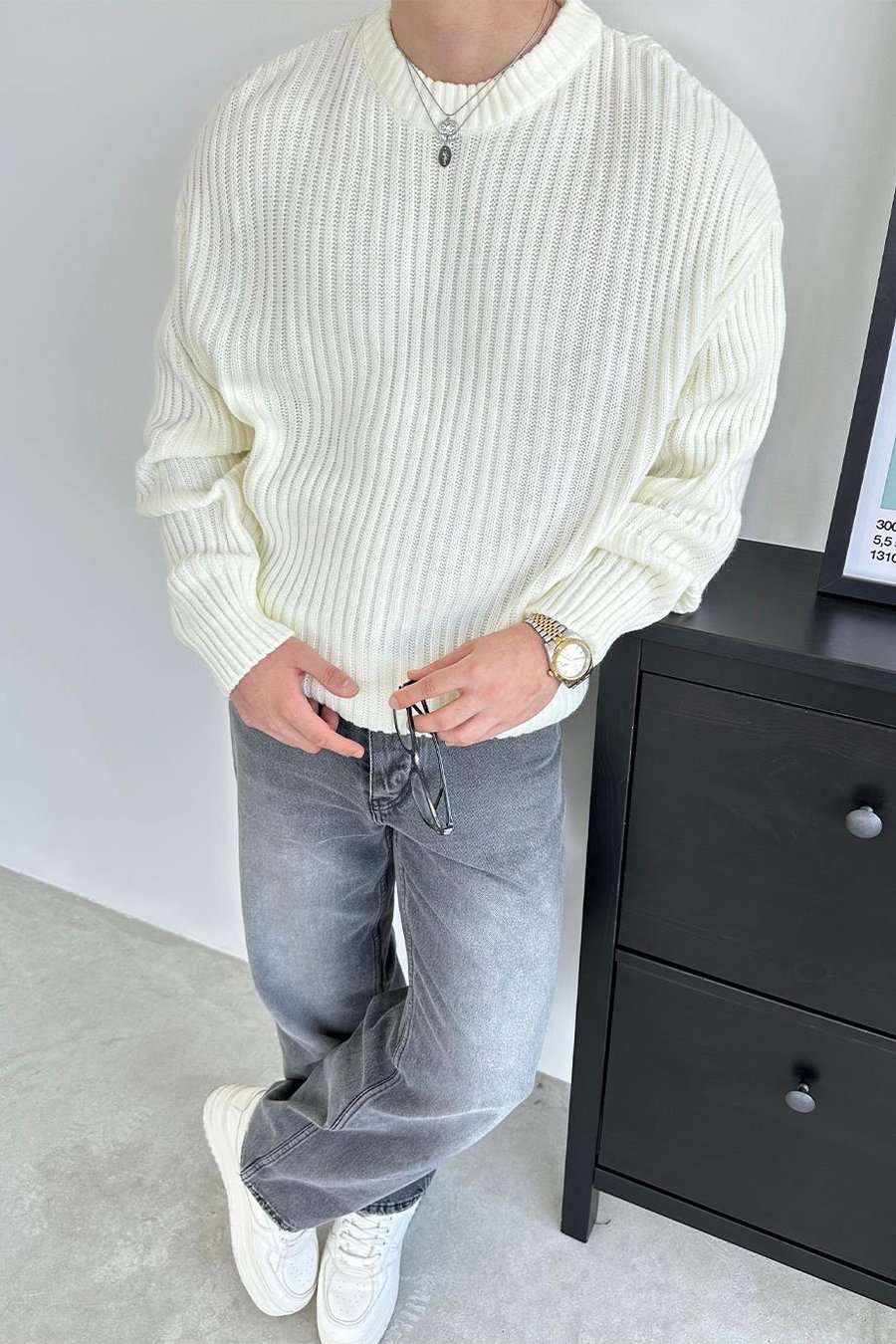 Ekru Bisiklet Yaka Fitilli Oversize Triko Kazak