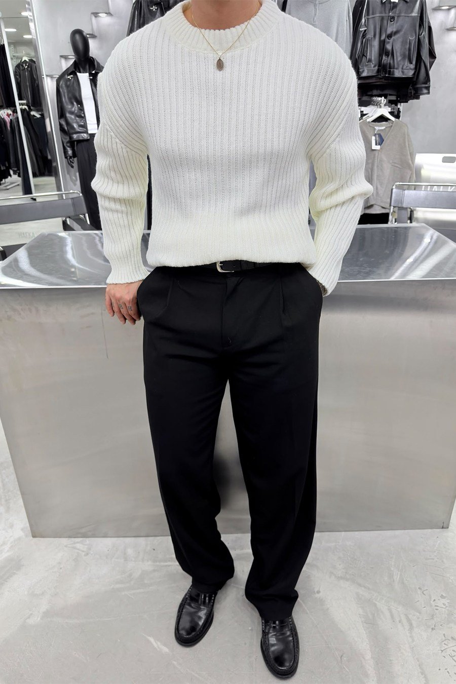 Ekru Bisiklet Yaka Fitilli Oversize Triko Kazak