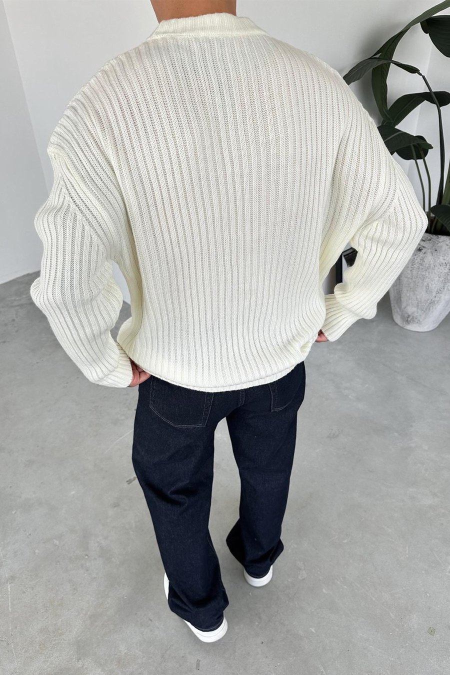 Ekru Bisiklet Yaka Fitilli Oversize Triko Kazak