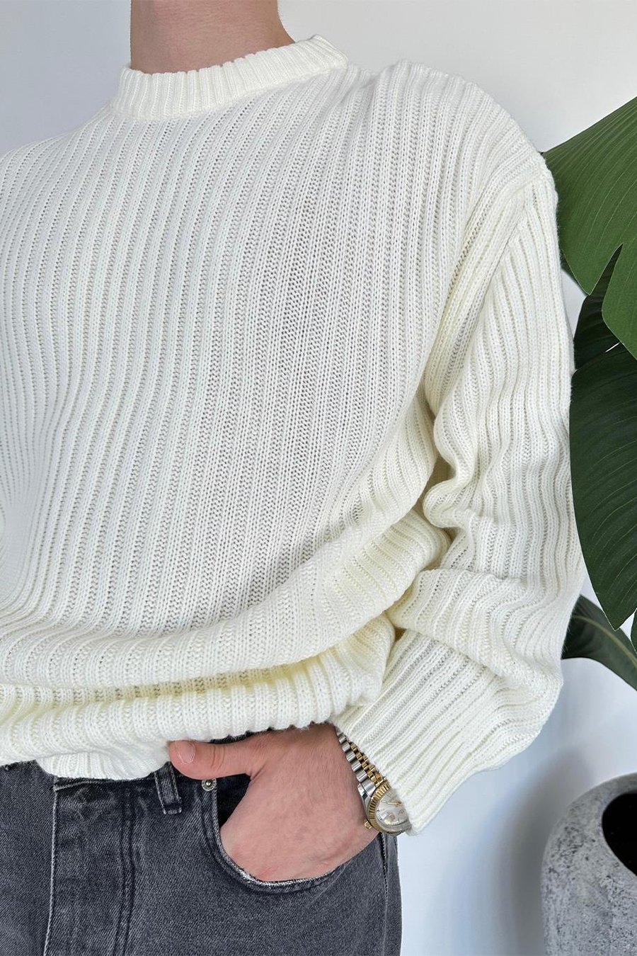 Ekru Bisiklet Yaka Fitilli Oversize Triko Kazak