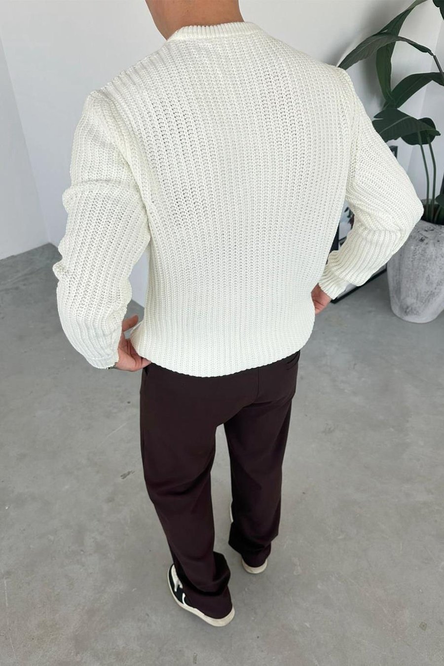 Ekru Bisiklet Yaka Oversize Örgü Kazak