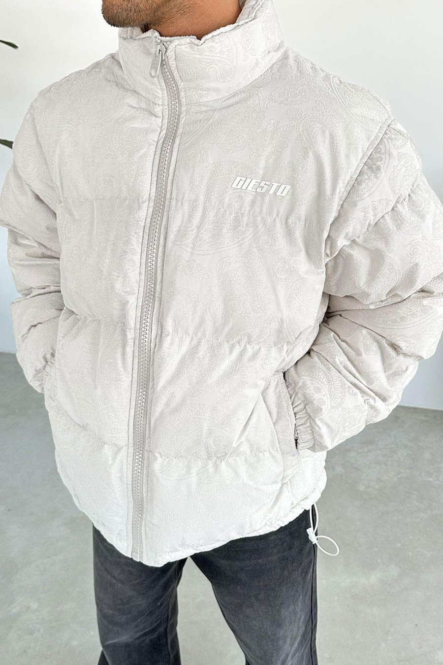 Ekru Etnik Kabartma Detay Oversize Puffer Mont