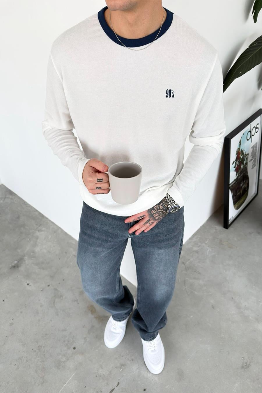 Ekru Old Money 90's İnce Fitilli Oversize Uzun Kollu Tişört