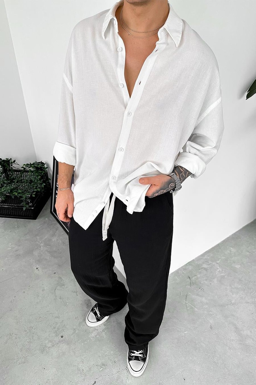 Ekru Old Money Basic Keten Oversize Gömlek