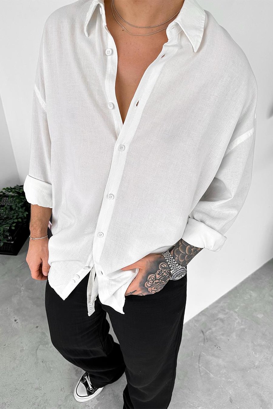 Ekru Old Money Basic Keten Oversize Gömlek