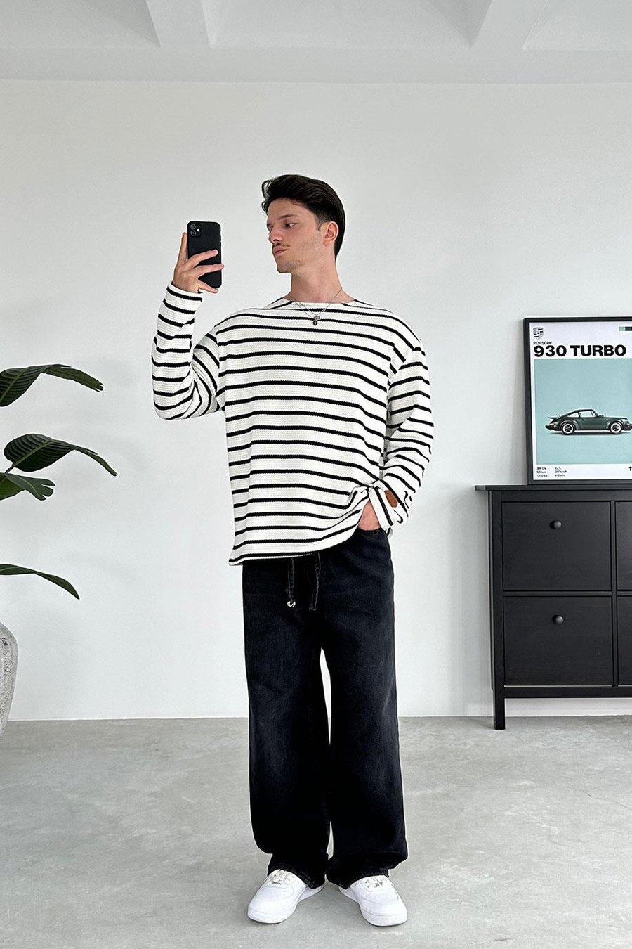 Ekru Örme Çizgi Detaylı Oversize Sweat