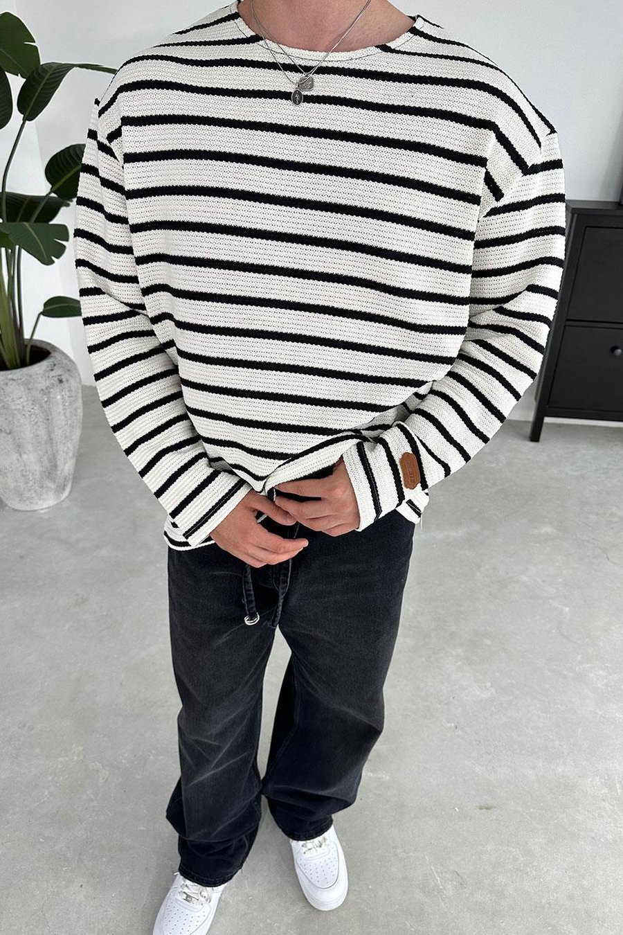 Ekru Örme Çizgi Detaylı Oversize Sweat