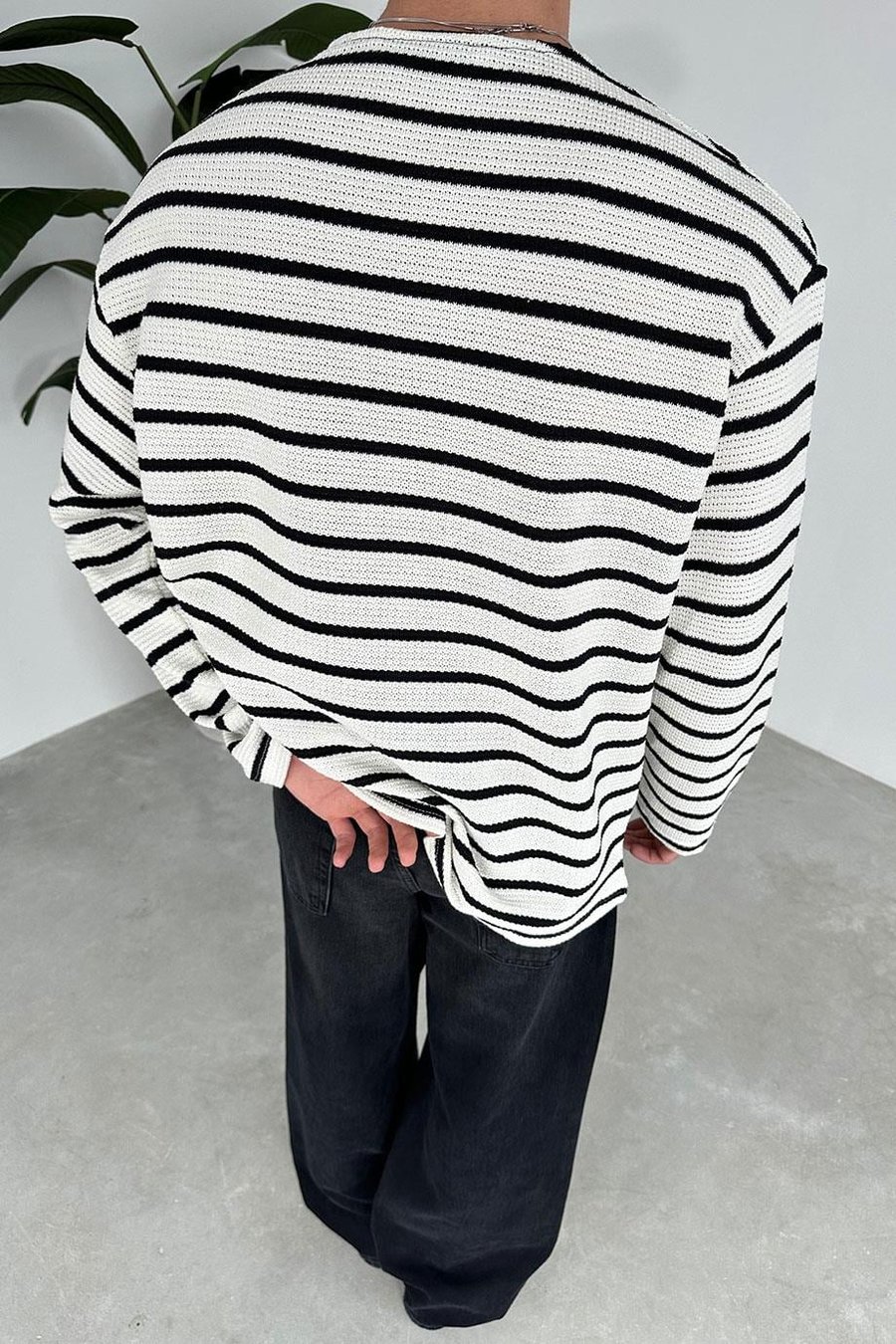 Ekru Örme Çizgi Detaylı Oversize Sweat