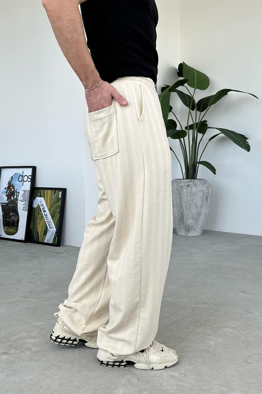 Ekru Soft Stride Baggy Pantolon