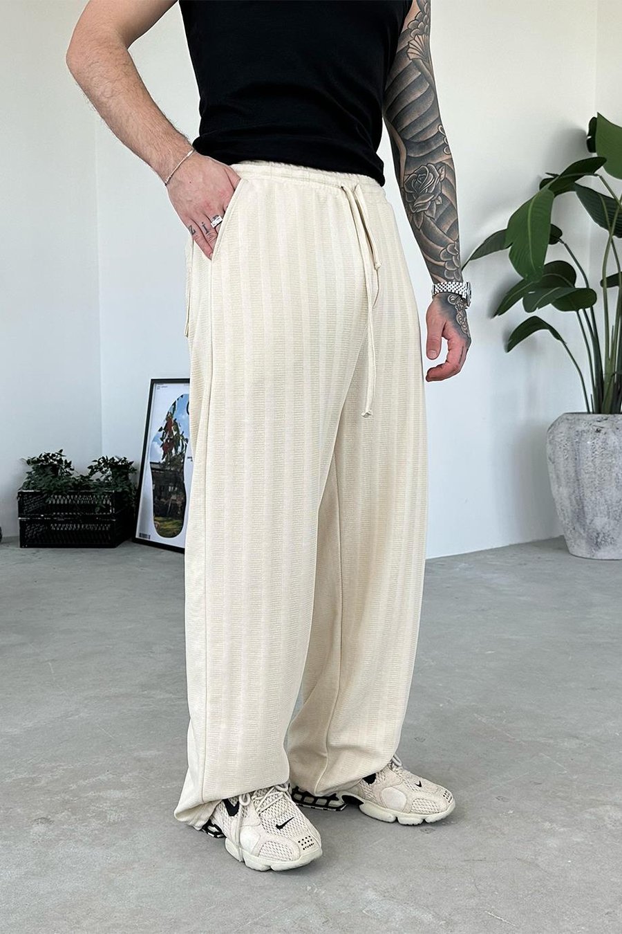 Ekru Soft Stride Baggy Pantolon
