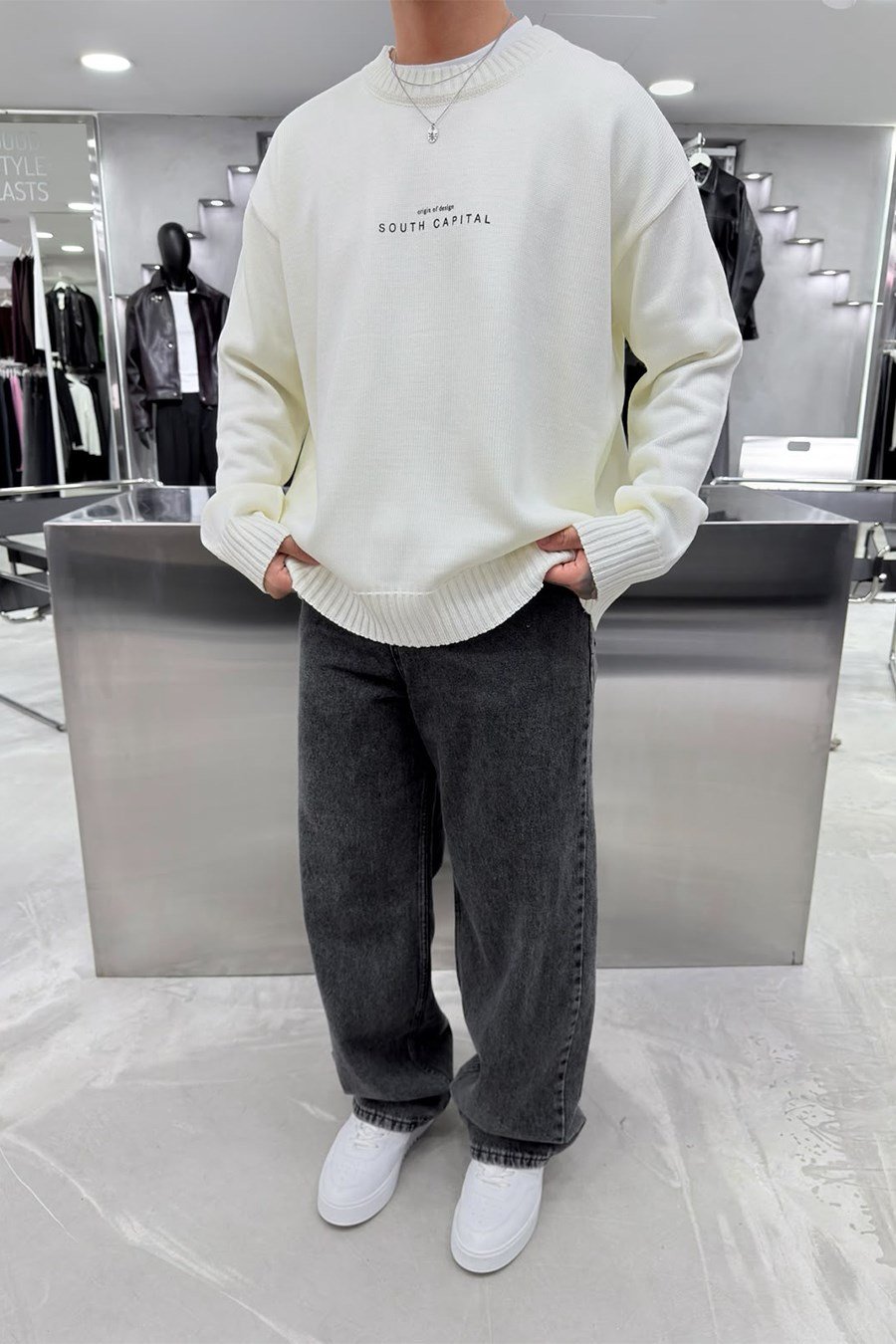 Ekru South Baskılı Oversize Kazak