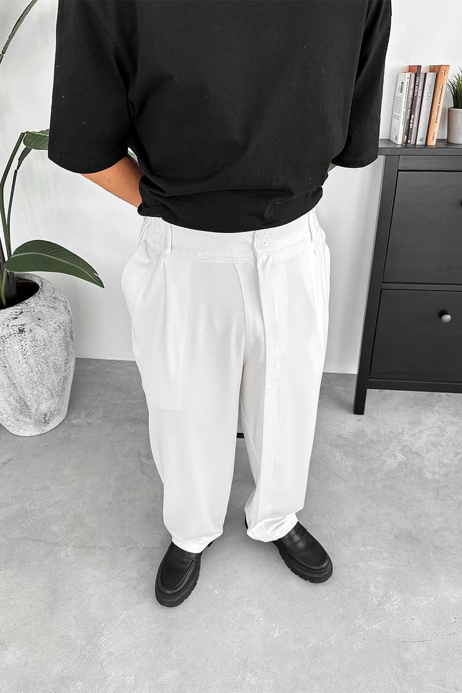 Ekru Yüksek Bel Premium Kumaş Baggy Pantolon