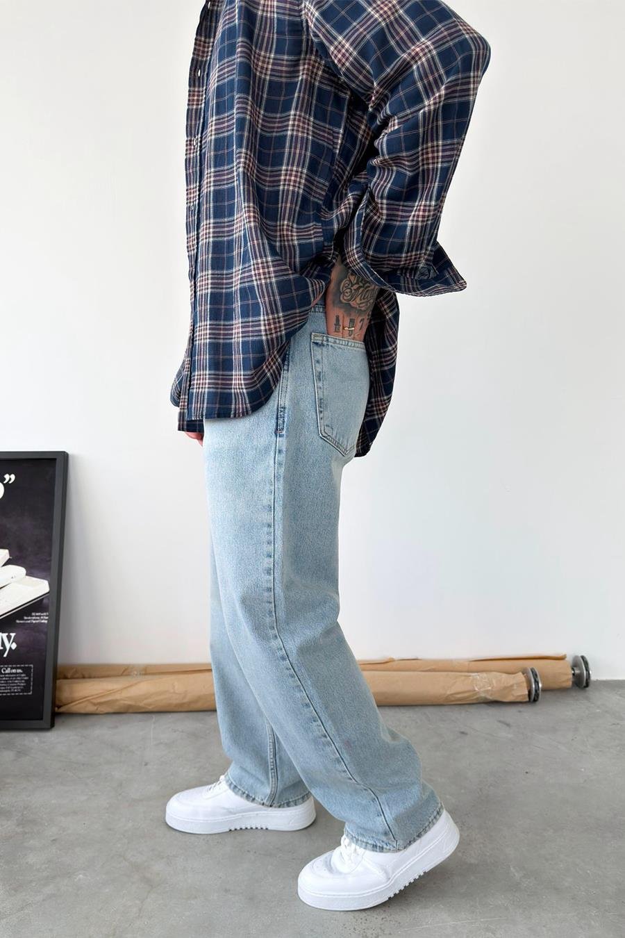 Eskitme Buz Mavi Basic Baggy Fit Pantolon