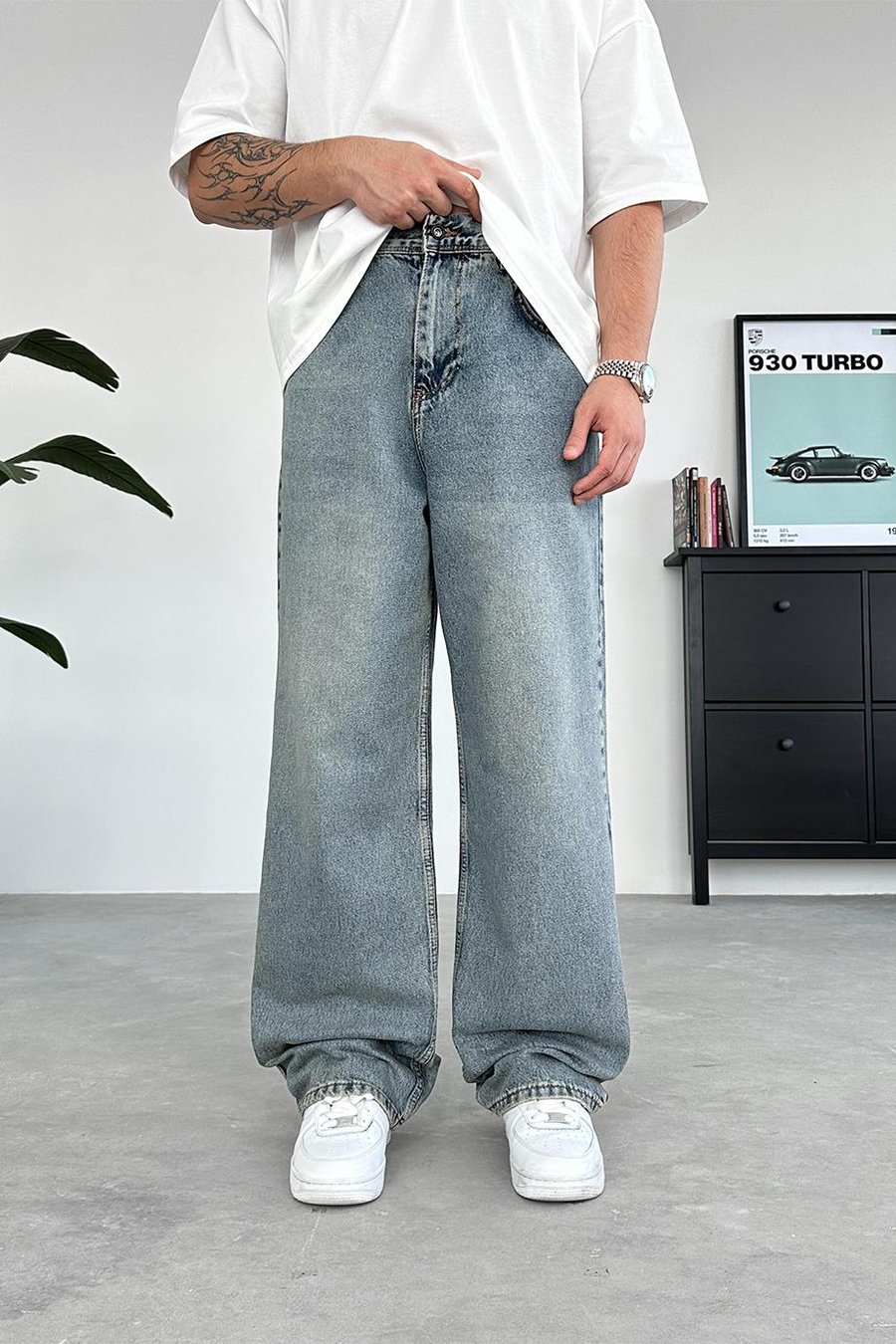 Eskitme Buz Mavi Basic Old School Baggy Pantolon