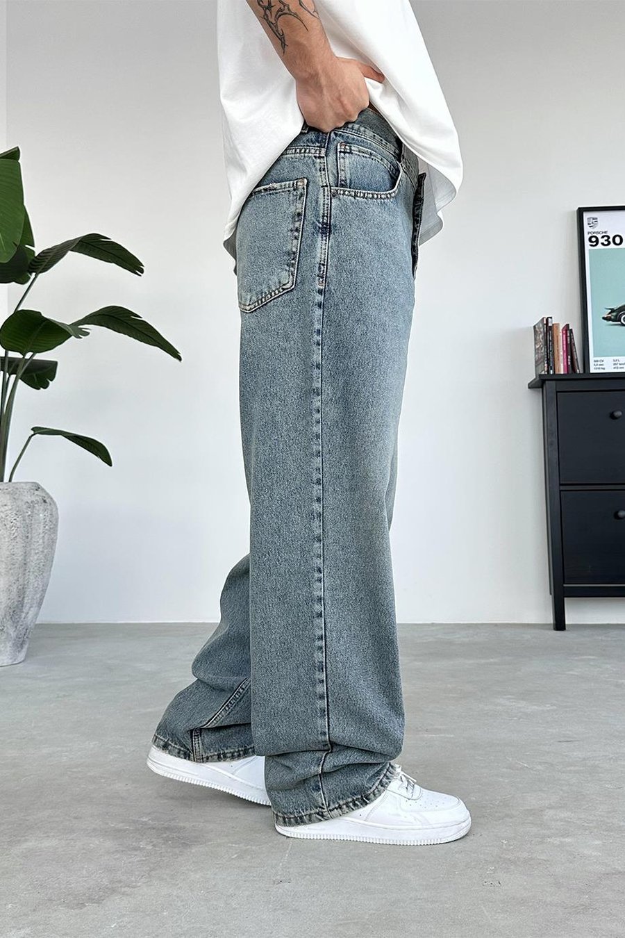 Eskitme Buz Mavi Basic Old School Baggy Pantolon