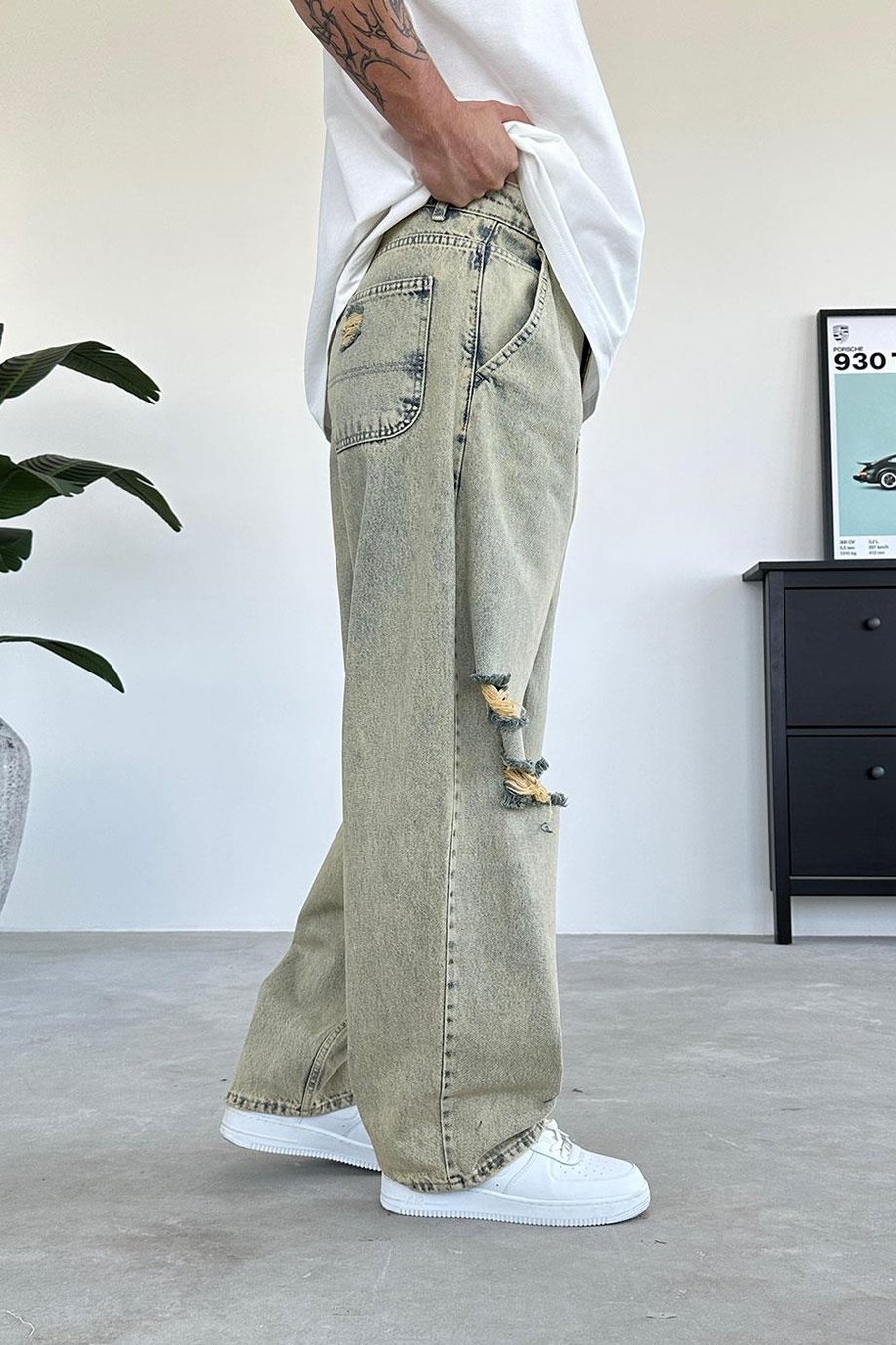 eskitme buz mavi Dizi Yırtık Ekstra Bol Baggy Pantolon