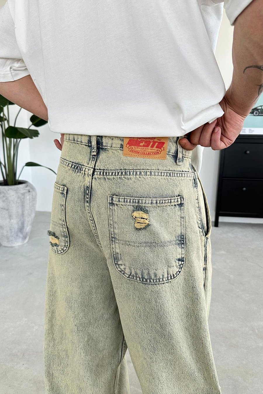 eskitme buz mavi Dizi Yırtık Ekstra Bol Baggy Pantolon