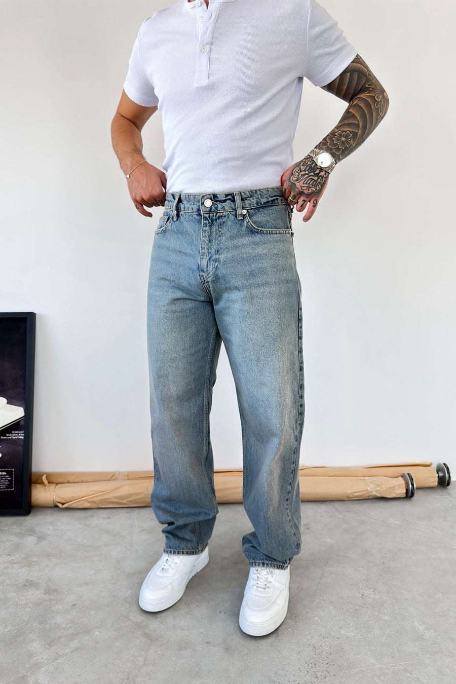 Eskitme Mavi Basic Baggy Fit Pantolon