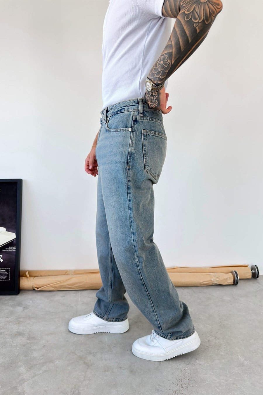 Eskitme Mavi Basic Baggy Fit Pantolon