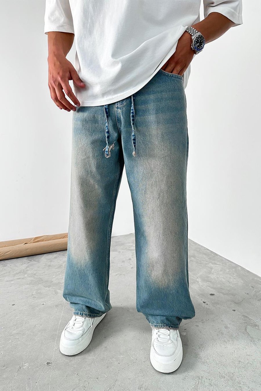 Eskitme Mavi Kemerli Basic Ekstra Bol Baggy Pantolon