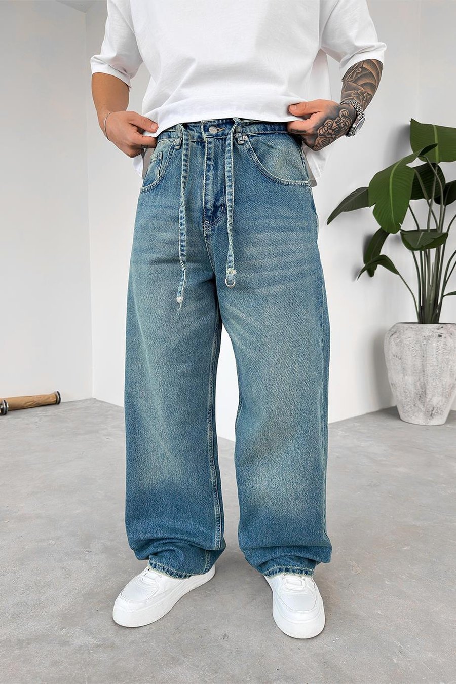 Eskitme Mavi Kemerli Basic Ekstra Bol Baggy Pantolon