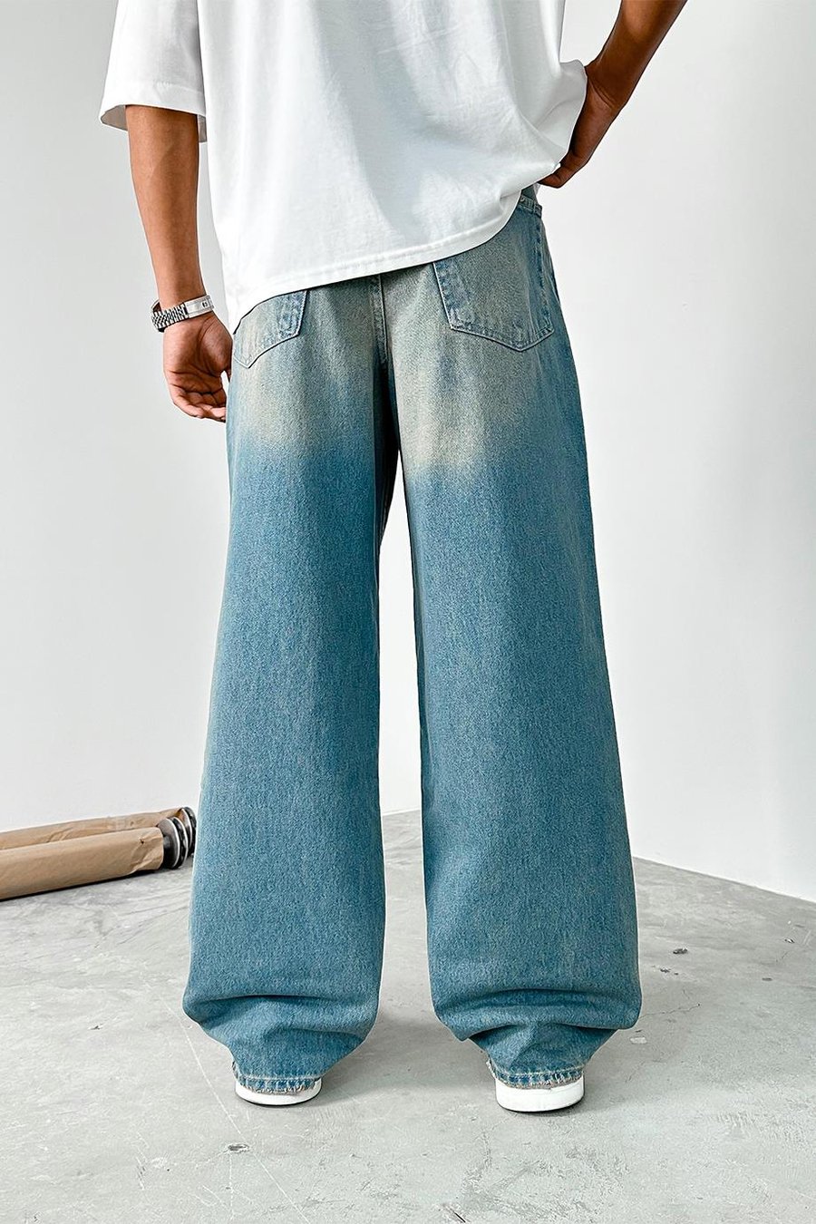 Eskitme Mavi Kemerli Basic Ekstra Bol Baggy Pantolon