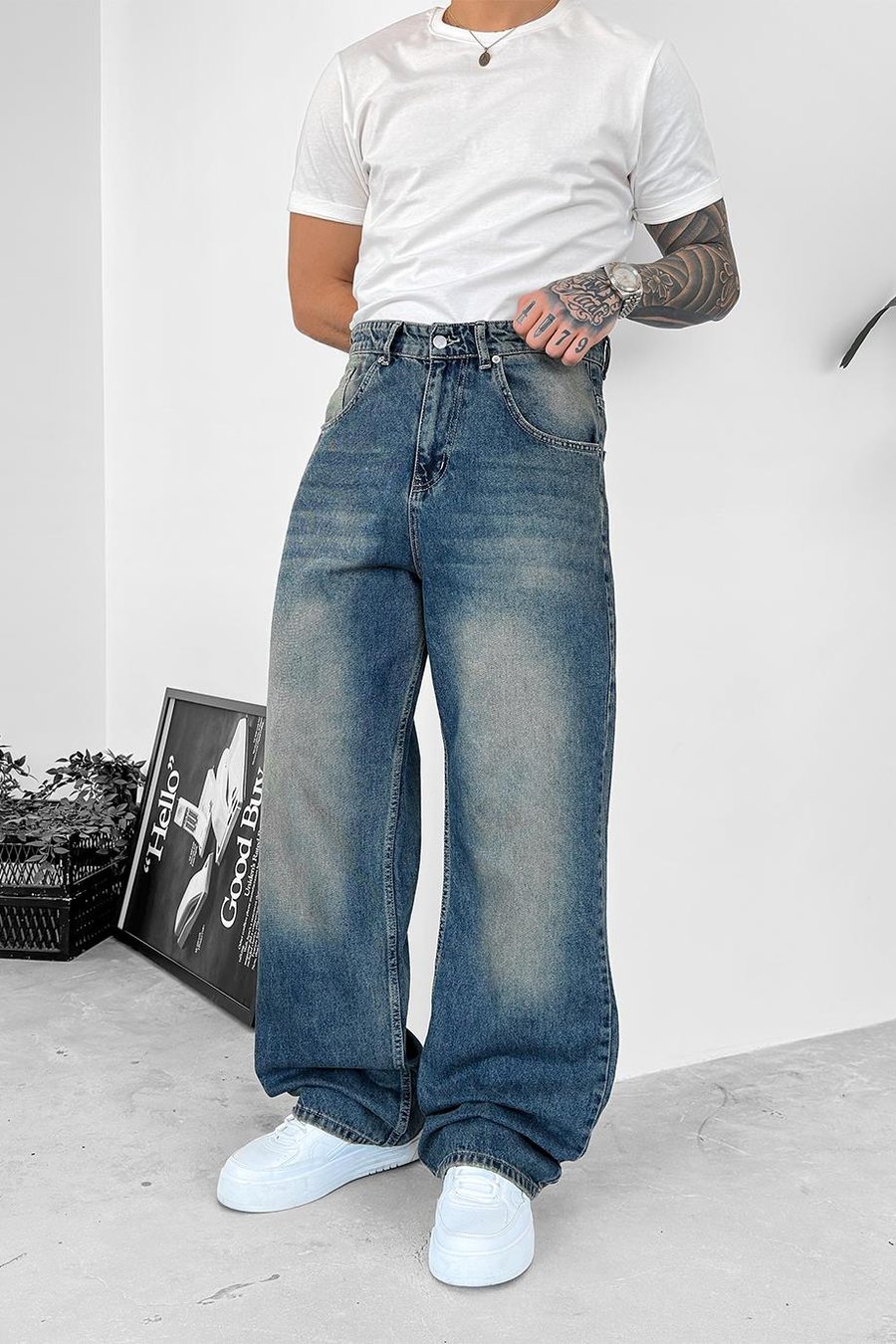 Eskitme Mavi Soft Degrade Basic Ekstra Bol Pantolon